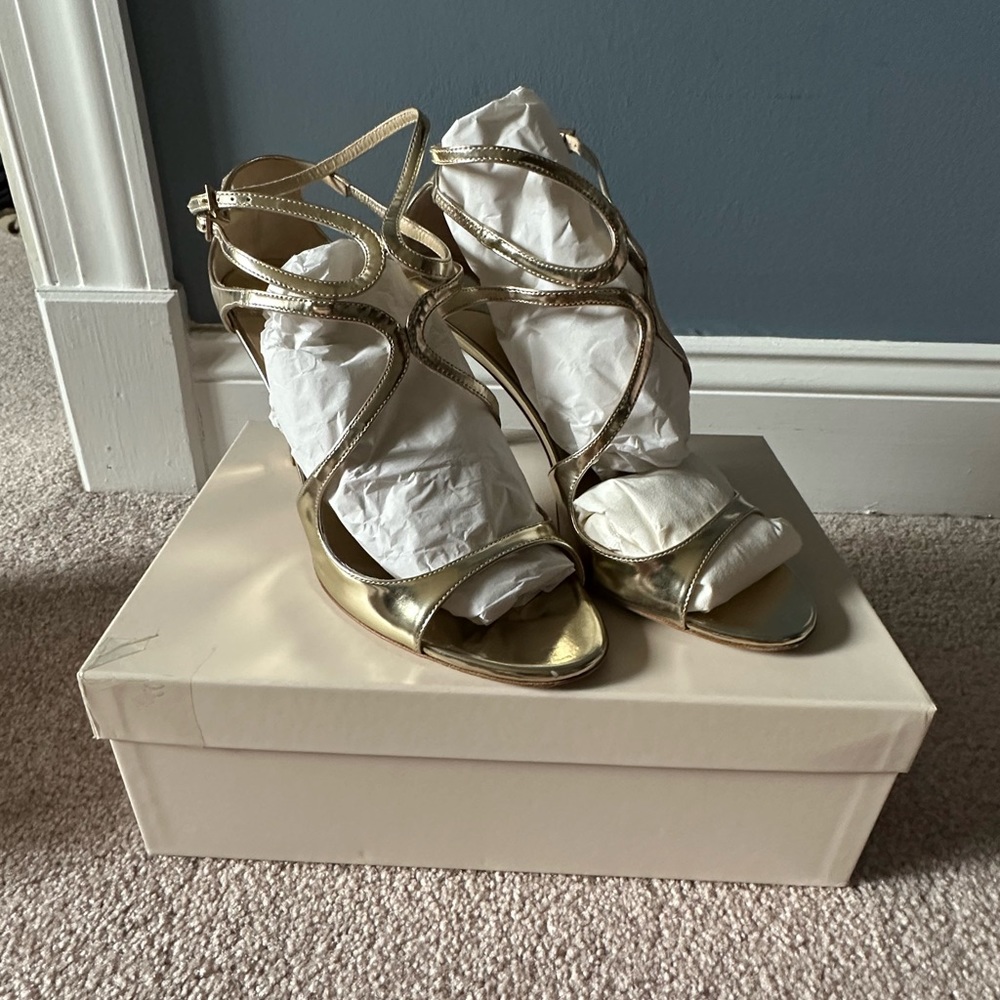 Jimmy Choo Ivette Strappy Sandal in Gold; size 38.5